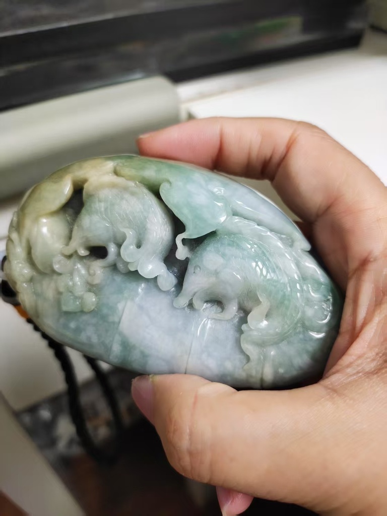 多彩翡翠蝙蝠、如意鯉魚小擺件/手把件 #500