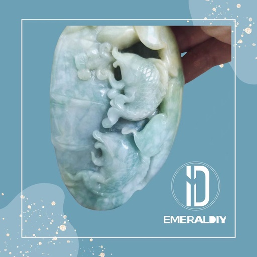 [500] Myanmar Natural Grade-A Jadeite #500 — “Bat & Ruyi Carp” Sculpture Fortune and Longevity