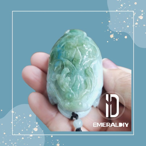 [700] Myanmar Natural Grade-A Jadeite #700 — “Dragon Turtle & Mandarin Ducks” Gold-Speckled Sculpture