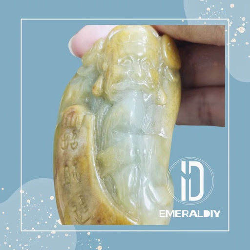 [800] Myanmar Natural Grade-A Jadeite #800 — “Wealth God” Yellow Icy Jade Sculpture Abundant Fortune and Thriving Business